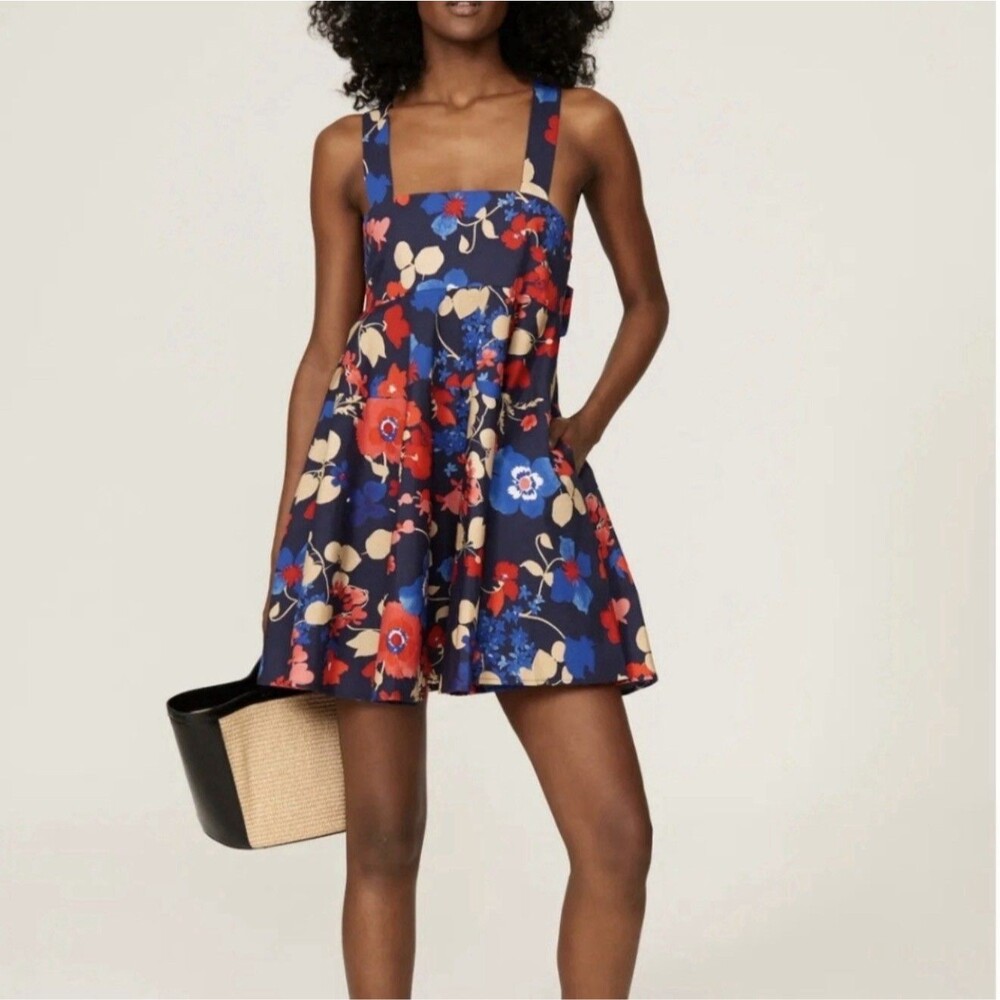 Peter Som Floral Mini Dress Sz 10 Blue Red Tie Back Babydoll Sundress Pockets EU - Picture 3 of 16